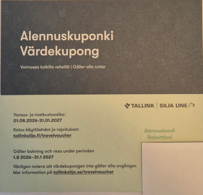 2 kpl Tallink Silja alennuskuponki (Voimassa 31.1.2027 asti)