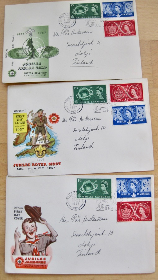 3xEnsipäivä Kuori FDC Partio Elizabet II Merkit Suomeen 1957