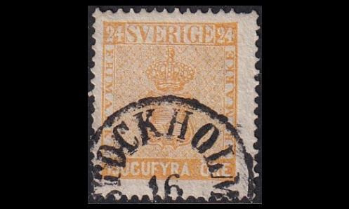 Ruotsi 10b o Vaakuna 24 öre keltainen Stockholm (1858)