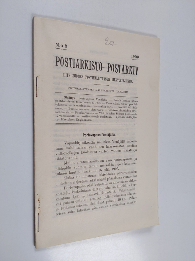 Postiarkisto - postarkiv 3/1909 : liite Suomen postihalli...