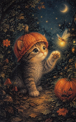 Halloween kissalla kurpitsahattu
