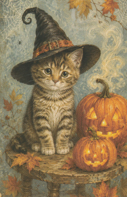 Halloween kissa ja kaksi kurpitsaa
