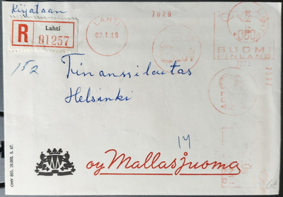 Kirjattu firmakirje kaksois-koneleimoin, Lahti 1969