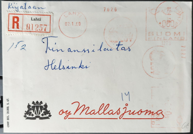 Kirjattu firmakirje kaksois-koneleimoin, Lahti 1969