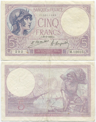 Ranska France 5 Francs 1923 (P-72c) XF-