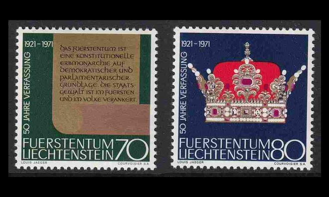 Liechtenstein 546-7 ** Uusi perustuslaki 50v (1971)