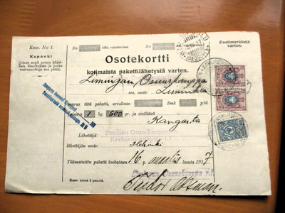 1917 Katajanokka sens pakettikortti via Oulu Liminkaan