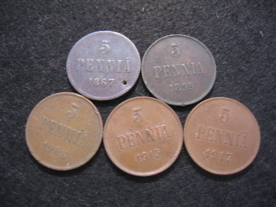5 kpl 5 penniä - 1867-1917