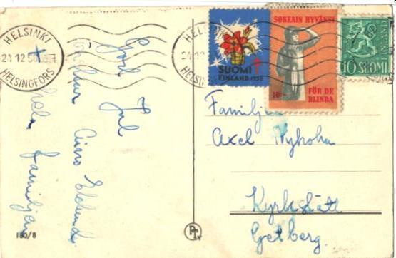 POSTILÄHETYS 1958 JOULUMERKKI +SULKIJA LEIMAN ALLA
