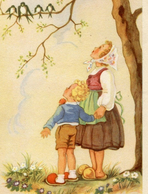 Lapsi - Lapset ihailevat lintuja - Kortti 1940-50-luvulta