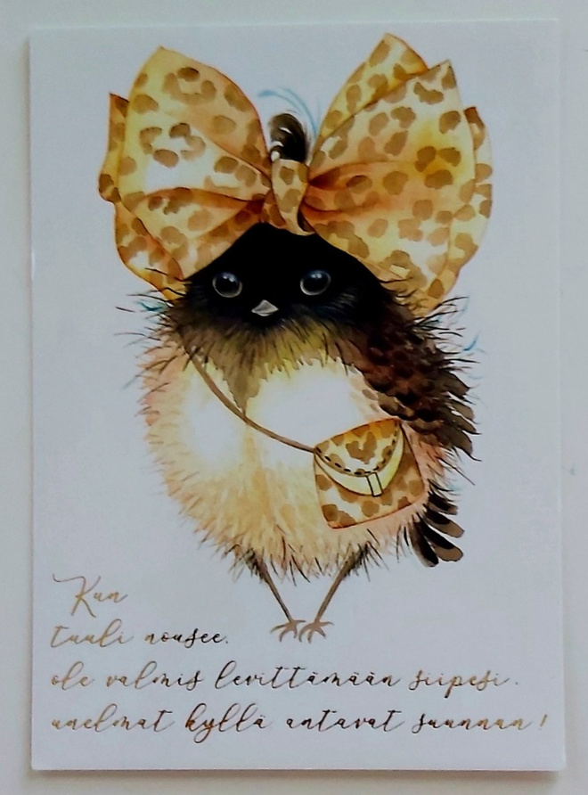 "Linnulla suuri rusetti ja laukku"-KULKEMATON POSTIKORTTI