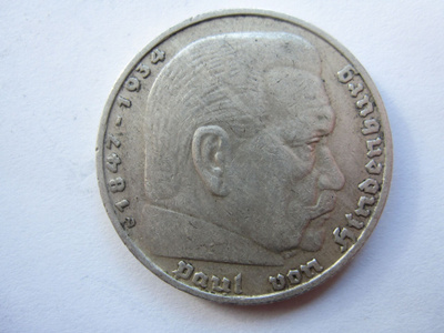 Natsi-Saksa 5 Reichsmark 1935 D Hindenburg hopeaa