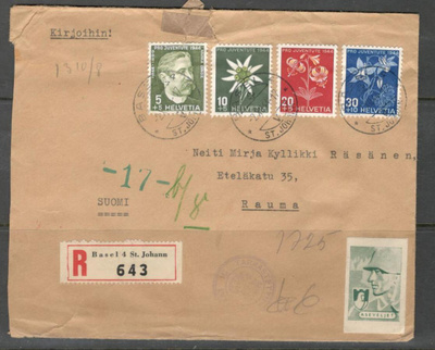 v. 1944 kirje Sveitsistä Suomeen, lipukkeita, leimoja, jne.