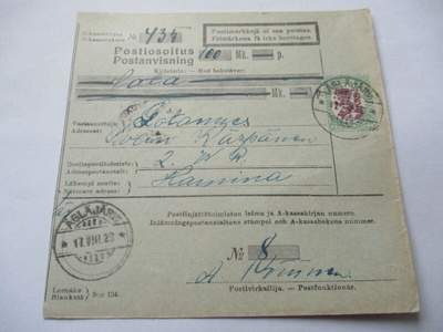 1928 Ägläjärvi postiosoitus Haminaan