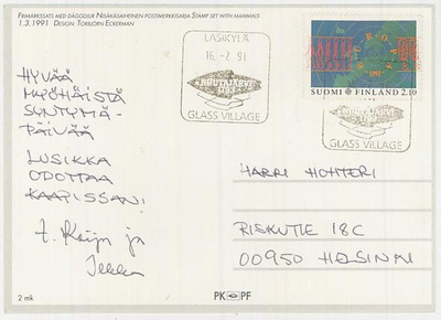 Lasikylä matkailuleima 1991 kortilla