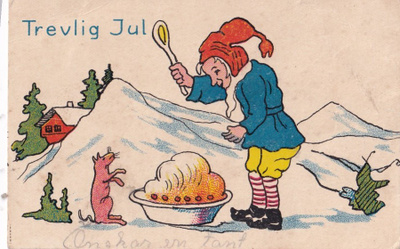 Tonttu, kissa, puurolautanen, Trevlig Jul , b599