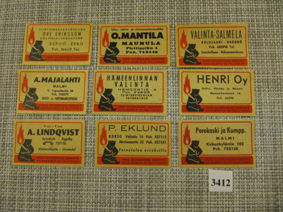 Tulitikkuetikettejä 9 kpl .mm. Henri Oy Mannerheimintie 16.