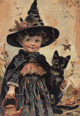 Halloween lapsi mustassa asussa, kissa kainalossa