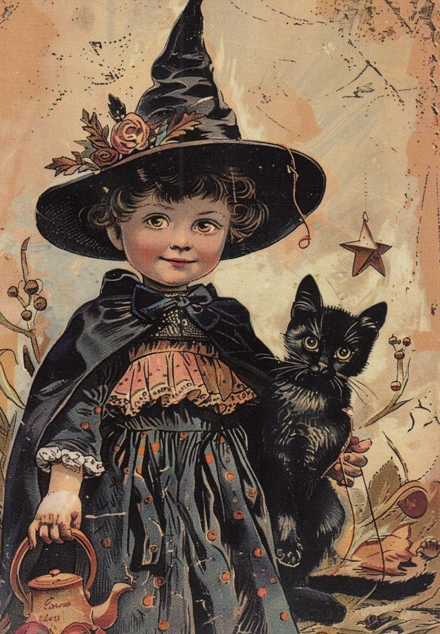 Halloween lapsi mustassa asussa, kissa kainalossa