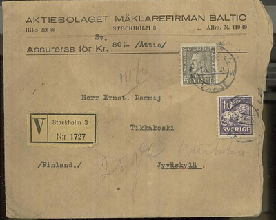 Ruotsi Mi 195 ym vakuutettu kirje Suomeen 1926