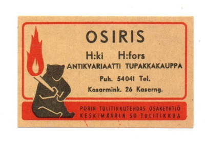 Porin Tulitikkutehdas OSIRIS Helsinki etiketti.