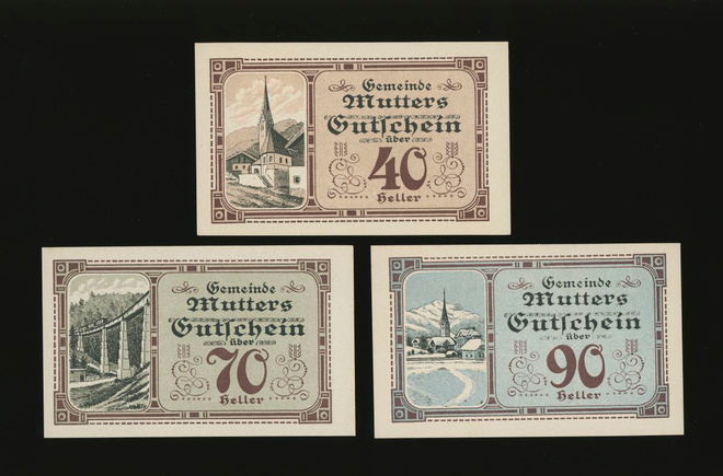 Itävalta Notgeld 40, 70, 90 Heller, Mutters 1920