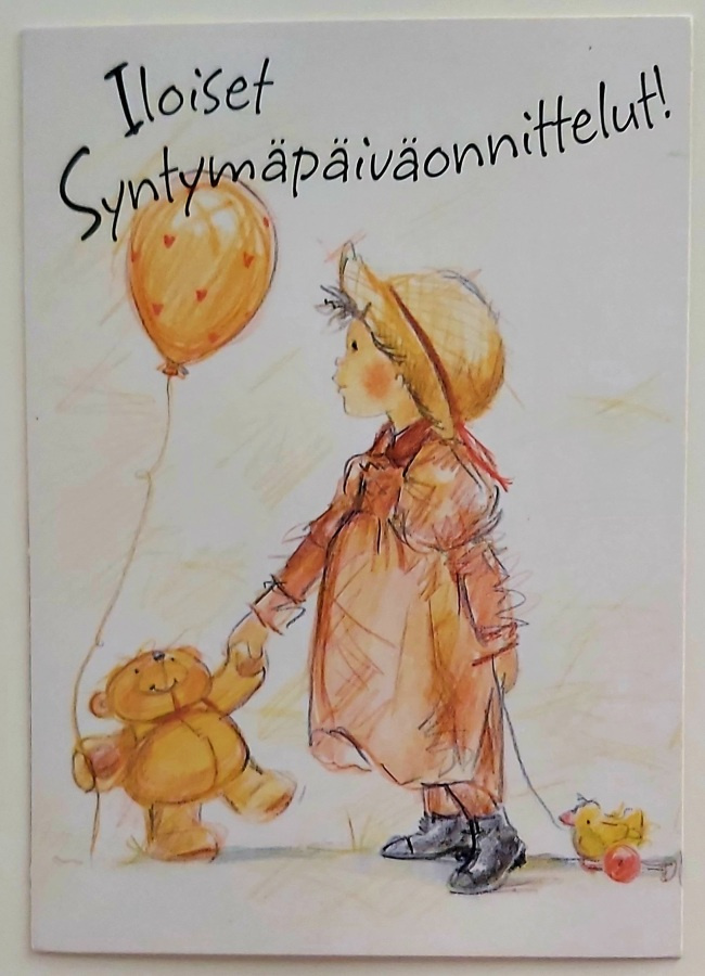 "Tyttö, nalle ja ilmapallo" KULKEMATON SYNTYMÄPÄIVÄKORTTI