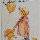 "Tyttö, nalle ja ilmapallo" KULKEMATON SYNTYMÄPÄIVÄKORTTI - pikkukuva 1