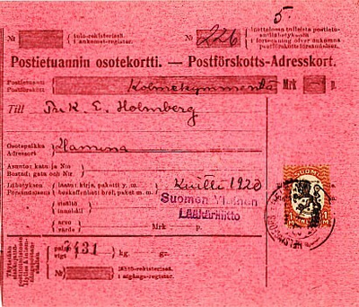 1917 1mk yksin vapaakirje postiennakkona