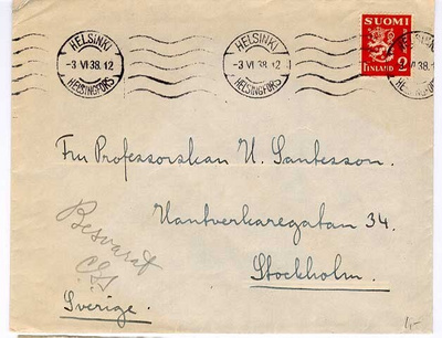 M30 1936 2mk punainen leijona kirje Ruotsiin