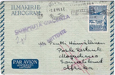 1951 20mk ilmakirje Somaliaan