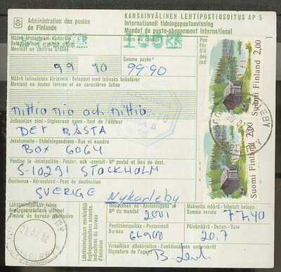 1977 2,00 mk rantasauna pari lehtipostiosoitus Ruotsiin