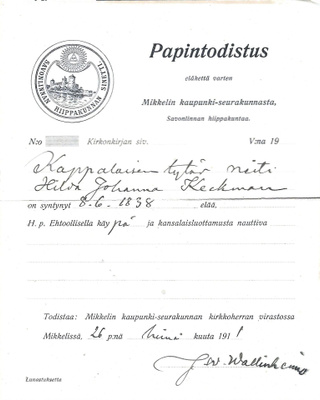 PAPINTODISTUS 1911 ELÄKETTÄ VARTEN MIKKELIN KAUPUNKI-SEURAK