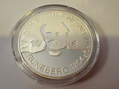 Hopeakolikko—10 euroa—J.L. Runeberg 200v 2004 juhlaraha