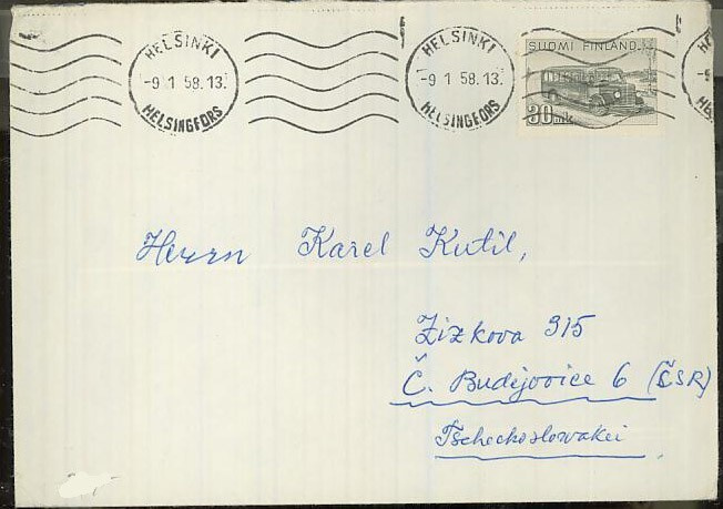 M30 1947 30mk postiauto kirje CSR:ään 1958