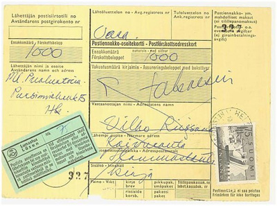 1959 75(mk) Pyhäkoski postiennakkolähetyksen palautus