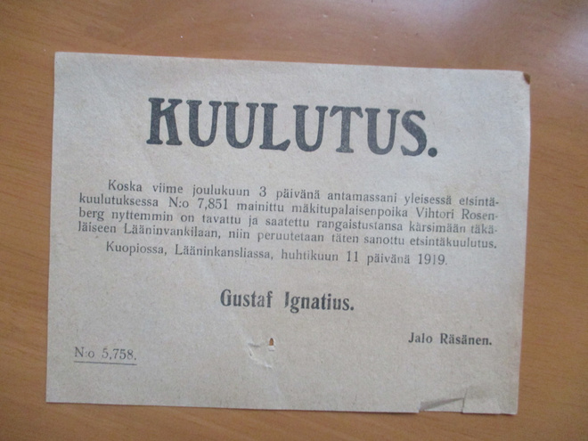 1919 Kuopio etsintäkuulutuksen peruutus