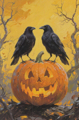 Halloween kaksi korppia kurpitsan päällä