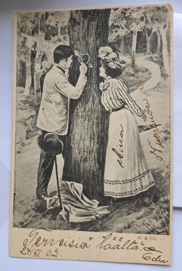 Rakastunut nuoripari metsässä, sign ? käsipostia 1903