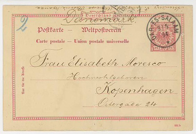Saksa 1894 10 Pfg ehiö leimattu DAR-ESA-SALAAM Tanskaan