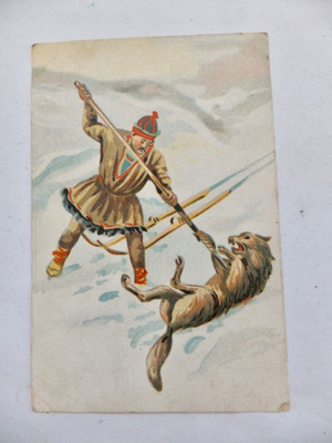 VANHA Postikortti Lappi Kansallisipuku Metsästys ym 1921
