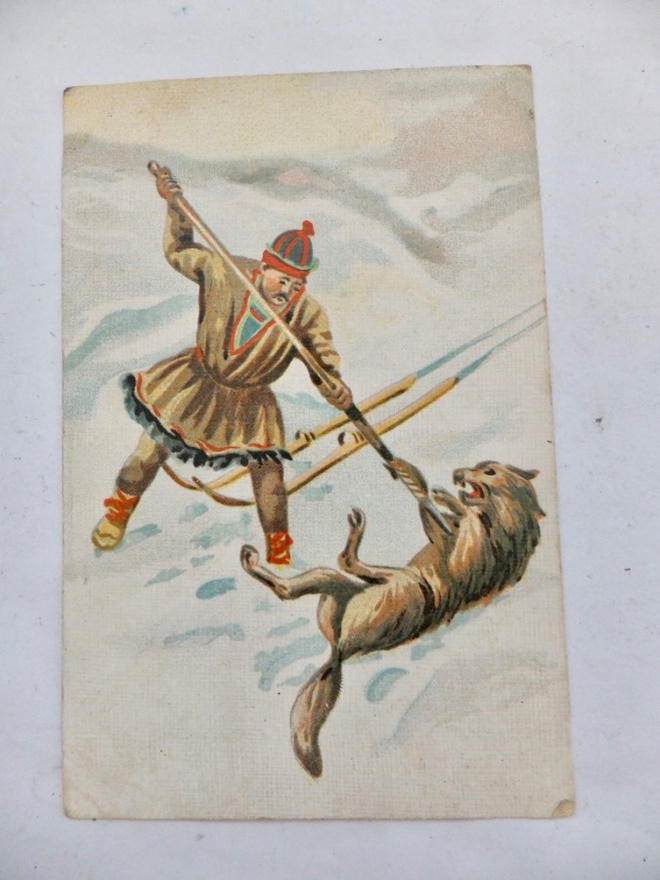 VANHA Postikortti Lappi Kansallisipuku Metsästys ym 1921