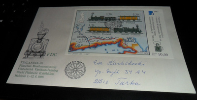 FDC LAPE BL3 1014-1017 FINLANDIA 88.POSTISSA KULKENUT