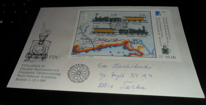 FDC LAPE BL3 1014-1017 FINLANDIA 88.POSTISSA KULKENUT