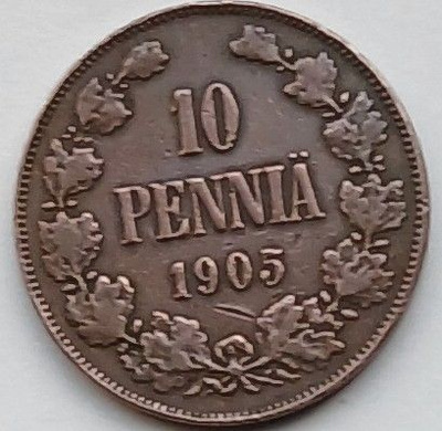 Nikolai II, kupari 10 penniä vuodelta 1905 .