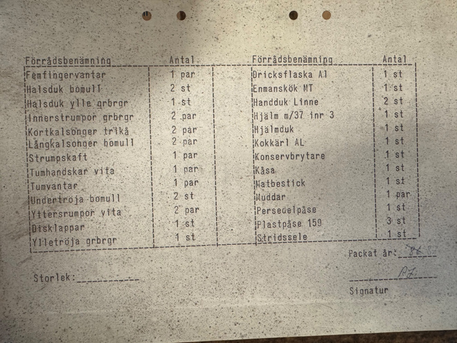 Ruotsin armeijan varustelaatikko vm 1987