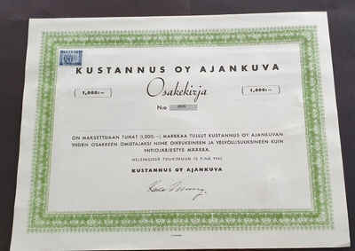 osakekirja kustannusoy Ajankuva Helsinki -43 blanco
