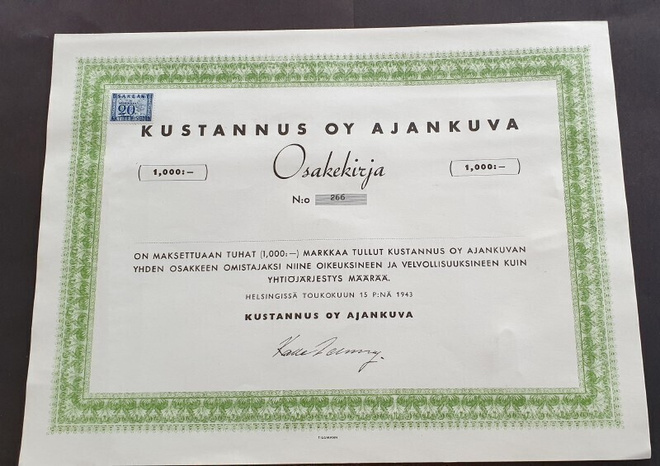 osakekirja kustannusoy Ajankuva Helsinki -43  blanco