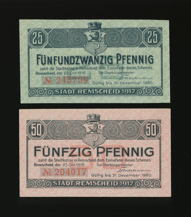 Saksa Notgeld 25, 50 Pfg, Remscheid 1918