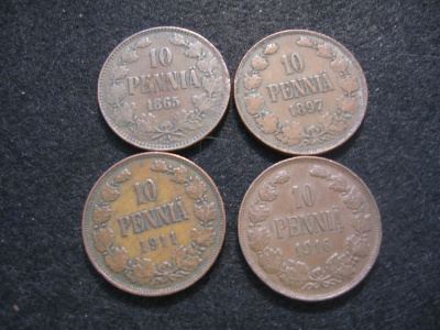 4 kpl 10 penniä - 1865-1916